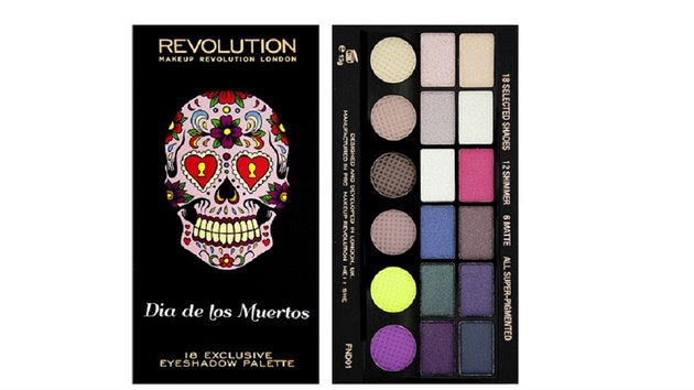 Paletka onch stn Makeup Revolution Dia De Los Muertos obsahuje 18 kontrastnch barevnch odstn, z toho 12 tpytivch a 6 matnch; soust paletky je tak apliktor na on stny; www.krasa.cz, 299 korun