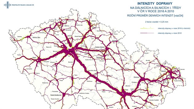 Porovnn obou map: zelenou je vyznaena intenzita dopravy v roce 2016, vnovou v roce 2010