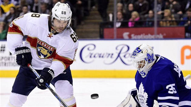 Jaromír Jágr z Floridy před brankářem Toronta Curtisem McElhinneym. Jaromír Jágr z Floridy před brankářem Toronta Curtisem McElhinneym.