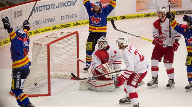 Hokejist eskch Budjovic slav gl proti Slavii.