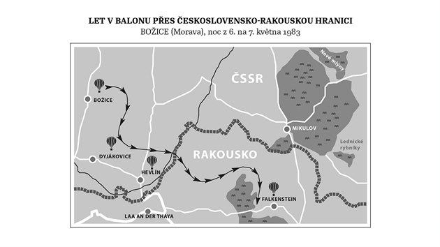 Mapa upesujc trasu letu Hutyrova balonu v noci s chybnm datem, tk z eskoslovenska se uskutenil 7. a 8. z 1983.