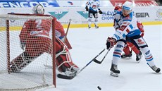 Hokejisté Chomutova slaví vítzství, tinecký Rostislav Marosz smutní.