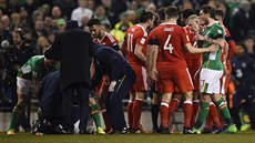 Fotbalisté z Irska a Walesu si vysvtlují faul na Seamuse Colemana.