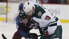 Martin Hanzal (vpravo) z Minnesoty svádí souboj s Nathanem MacKinnonem z... Martin Hanzal (vpravo) z Minnesoty svádí souboj s Nathanem MacKinnonem z...
