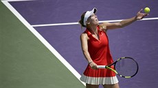 Caroline Wozniacká se chystá podávat ve finále turnaje v Miami.