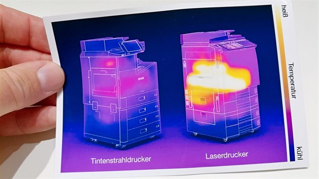 Kancelářské tiskárny pohledem termokamery - vlevo inkoustová, vpravo laserová Kancelářské tiskárny pohledem termokamery - vlevo inkoustová, vpravo laserová