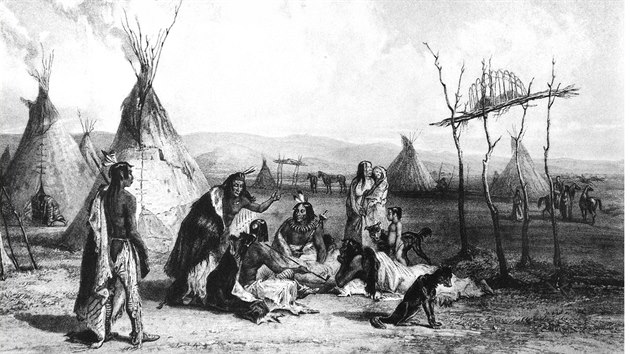 Stavba totemu v tboe kmene Sioux. Obrzek publikovan v knize Travels in the Interiors of North America 1832-1834.