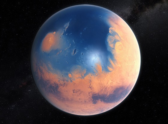 Umlecká pedstava povrchu Marsu ped piblin tymi miliardami let, kdy se...