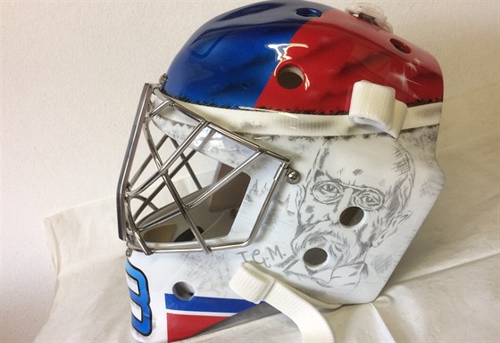 Maska brankáe Pavla Francouze pro hokejové mistrovství svta 2017.
