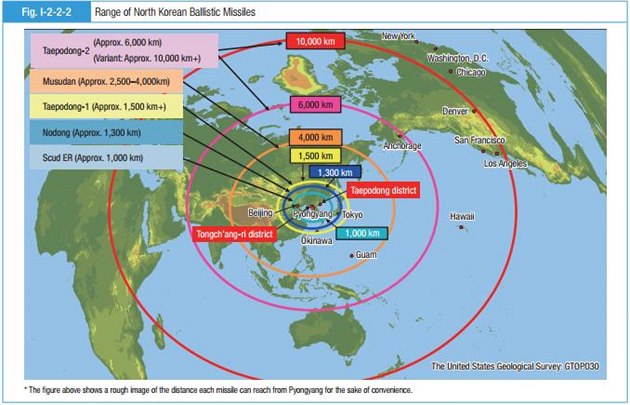 Dosah severokorejských raket podle japonského ministerstva obrany