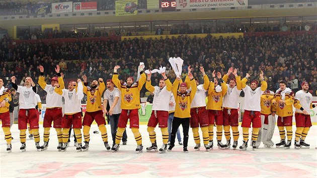 Radost jihlavsk Dukly po postupu do hokejov extraligy.