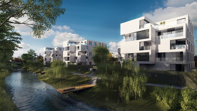Vizualizace budouc podoby plnovan rezidenn tvrti, kterou zane investor stavt v Olomouci u soutoku eky Moravy a Mlnskho potoka.