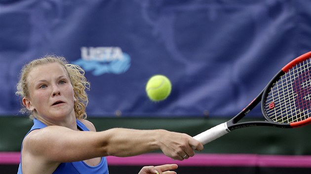 Kateina Siniakov returnuje v rozhodujc tyhe v semifinle Fed Cupu.