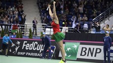 Bloruská tenistka Aryna Sabalenková slaví postup do finále Fed Cupu.