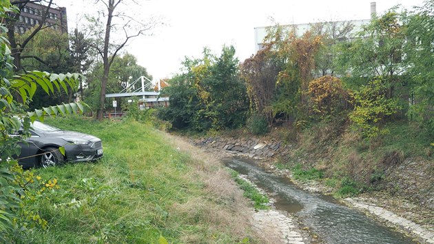 Klsk potok za sprvn budovou Spolchemie, jedno z mla mst, kde je odtrubnn a pstupn.
