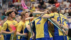 Švédští florbaloví junioři slaví gól v semifinále mistrovství světa. Švédští florbaloví junioři slaví gól v semifinále mistrovství světa.