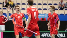 Čeští florbaloví junioři slaví gól v duelu o bronz na MS proti Švýcarsku. Čeští florbaloví junioři slaví gól v duelu o bronz na MS proti Švýcarsku.