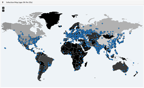 Mapa tok ransomwaru Wcrypt zaznamenanch spolenost MalwareTech.com