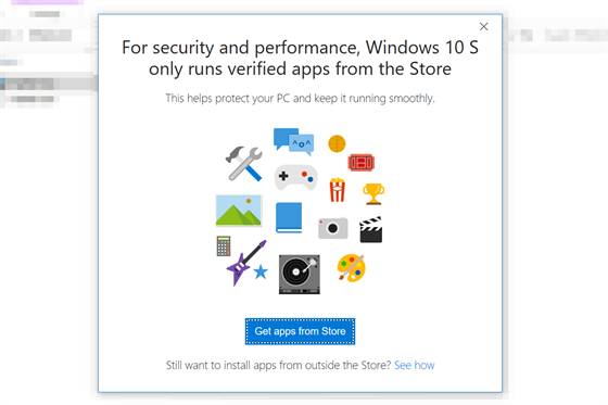 Bným aplikacím vstup zakázán. Windows 10 S spoutly jen aplikace z Windows Store.