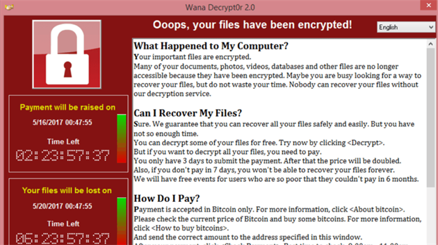 Zpráva vyděračského viru WannaCry, která vyžaduje platbu. Zpráva vyděračského viru WannaCry, která vyžaduje platbu.