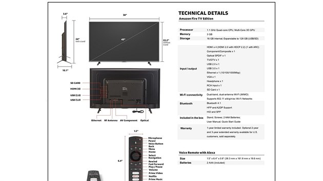 Technick specifikace televiznho pijmae Element Amazon Fire TV Edition 4K