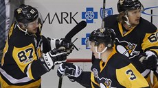 Olli Maatta z Pittsburghu (s číslem 3) slaví se Sidney Crosbym (s číslem 87)... Olli Maatta z Pittsburghu (s číslem 3) slaví se Sidney Crosbym (s číslem 87)...