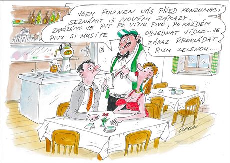 Kreslený vtip Petra Urbana na objednávku k zákazm v hospodách. 