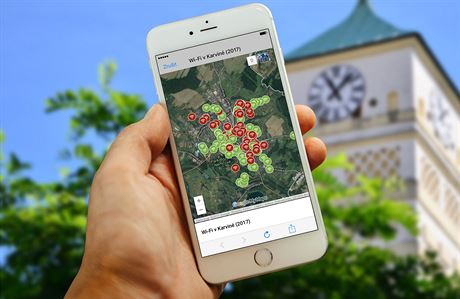 Mapa zachycuje sí veejné wi-fi v Karviné. Barevn je v ní rozlieno, kde se...