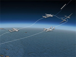Ilustrace letu Stratolaunch s vyputním rakety Pegasus XL vyrobené firmou...