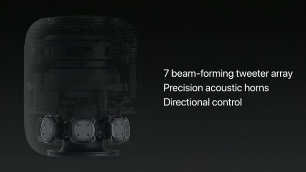 Apple HomePod obsahuje 7 vkovch reproduktor (tweeter) rozloench po celm obvodu.