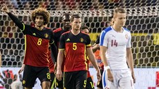 Belgický záloník Fellaini slaví vítzný gól v píprav proti esku.