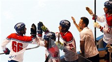 Gólová radost českých hokejballistů. Gólová radost českých hokejballistů.