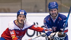 Český hokejbalista Michal Slanec (vlevo) v souboji s Ivanem Kačerem ze... Český hokejbalista Michal Slanec (vlevo) v souboji s Ivanem Kačerem ze...
