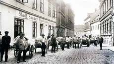 Fronta před městskou známkovnou v žatecké Tyršově ulici. Chmelařský spolek... Fronta před městskou známkovnou v žatecké Tyršově ulici. Chmelařský spolek...