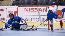 Český hokejbalista Tomáš Wróbel překonává Ioannise Vrettise z Řecka. Český hokejbalista Tomáš Wróbel překonává Ioannise Vrettise z Řecka.