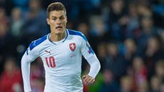 eský útoník Patrik Schick v kvalifikaním utkání proti Norsku.