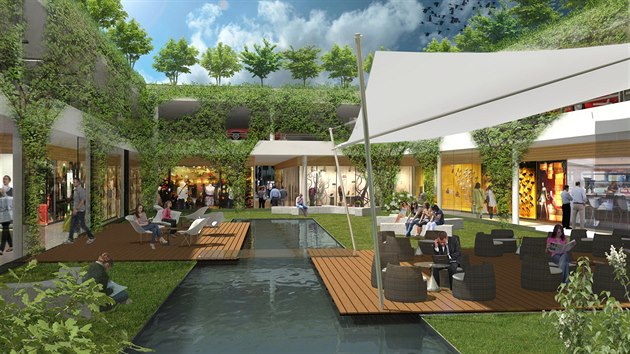 Chystané obchodní centrum Green Park v Benešově. Na vizualizaci je atrium v přízemí centra.