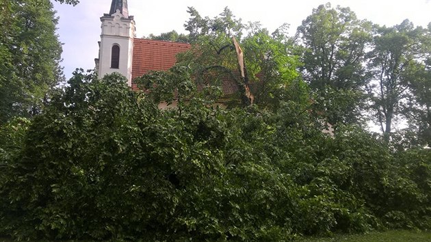 Lpu u kostela Nejsvtj Trojice v Rokycanech poniila tvrten bouka provzen silnm vtrem. (22. ervna 2017)