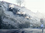 Třípodlažní domky zavěšené na skále připomínají ptačí budky. Třípodlažní domky zavěšené na skále připomínají ptačí budky.
