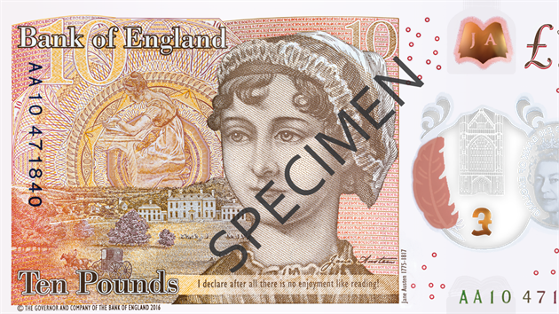 Britsk centrln banka dnes pedstavila novou bankovku v hodnot deseti liber (tm 300 K). Je plastov a je na n zobrazena spisovatelka Jane Austenov, od jej smrti uplynulo 200 let.