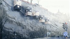 Třípodlažní domky zavěšené na skále připomínají ptačí budky. Třípodlažní domky zavěšené na skále připomínají ptačí budky.