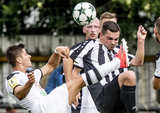 POZOR NA HLAVU! Hradecký Petr Schwarz (vlevo) se v pohárovém zápase v erveném...