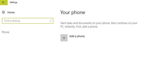 Nastaven propojen Windows 10 a mobilnho telefonu v testovac verzi Windows 10.