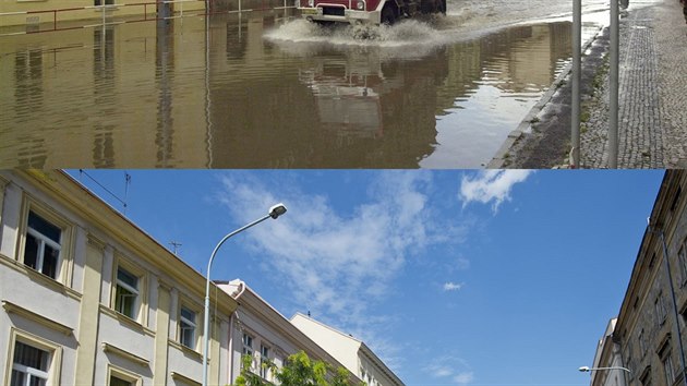 Jednou z nejvce zasaench praskch tvrt byl pi povodnch v roce 2002 prask Karln. Na snmku z 15. srpna 2002 (nahoe) je Kikova ulice a dole stejn msto dnes (na snmku z 2. srpna 2017).