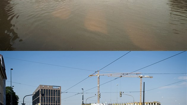 Na snmku z 23. srpna 2002 (nahoe) je kiovatka ulic Sokolovsk a U Rustonky a dole stejn msto dnes (na snmku z 2. srpna 2017).