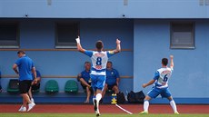 Ústečtí fotbalisté slaví vedoucí gól, dal ho Pavel Pilík (číslo 6). Ústečtí fotbalisté slaví vedoucí gól, dal ho Pavel Pilík (číslo 6).