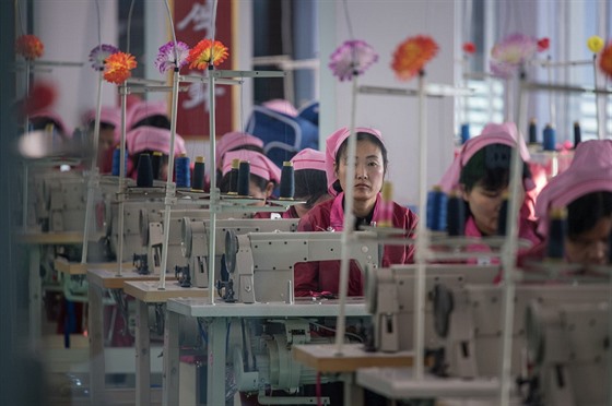 Severokorejská ika vzhlédla od práce v továrn na taky v Pchjongjangu. (18....