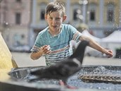 Děti se v horku osvěžují v kašně na náměstí Republiky v Plzni. Děti se v horku osvěžují v kašně na náměstí Republiky v Plzni.