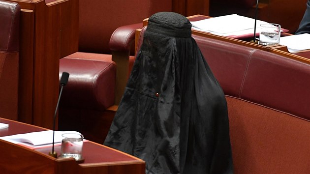 Pauline Hansonov pila na jednn sentu v muslimskm obleen ve snaze prosadit zkaz jejich noen na veejnosti. (17. srpen 2017)
