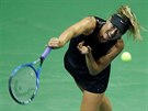 Ruska Maria arapovov servruje v prvnm kole US Open proti rumunsk tenistce...